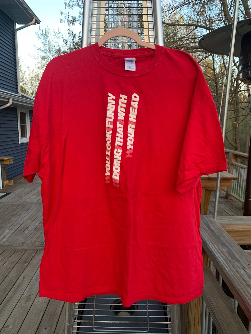 Red Graphic Crewneck Tee with Vertical White Text - Men's Short Sleeve